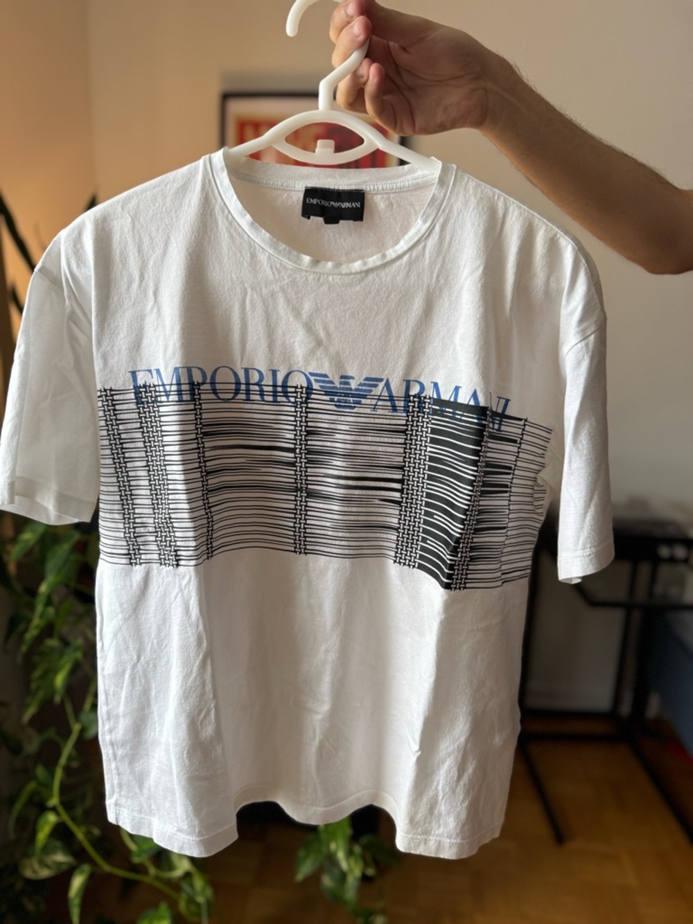 Emporio Armani White Tee with Blue Logo and Black Graphic Lines